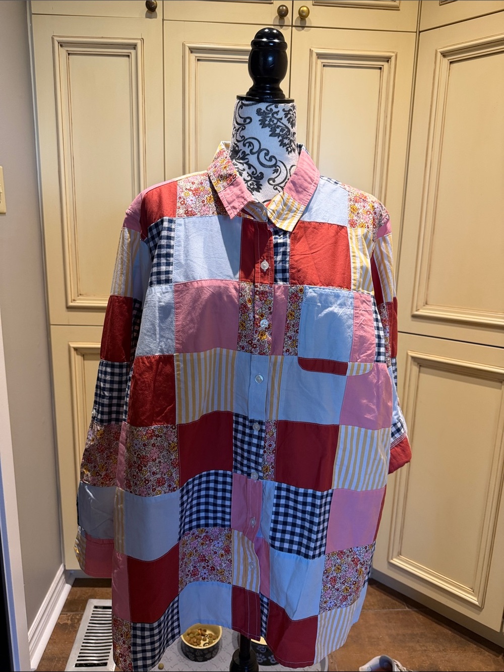 Lands' End Patchwork Button-Down Shirt in Red, Pink, Black and White